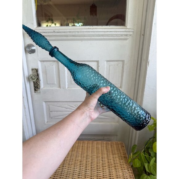 Vintage MCM Empoli Italy Glass Bottle Decanter Turquoise Blue Hobnail Bubble 22" - Picture 5 of 16